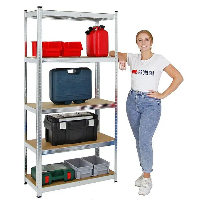 Proregal Schwerlastregal Mega Deal Ragnar - Traglast pro Boden: 175 kg, Anzahl Böden: 5 Stk., Stecken, Verzinkt - Metallregal mit fünf Böden, beladen mit Werkzeugkisten und Kanistern, daneben steht eine Frau.