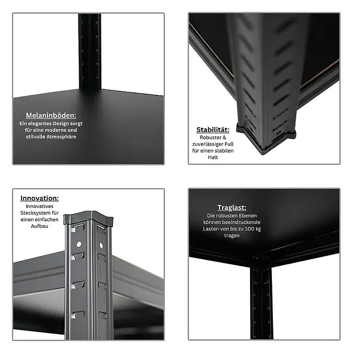 Proregal Metallregal Mega Deal All Black Series Ragnar - Traglast pro Boden: 100 kg, Anzahl Böden: 5 Stk., Stecken, Schwarz - Detailansichten eines schwarzen Regals mit Fokus auf Melaminböden, Stabilität, innovativem Stecksystem und Traglast.