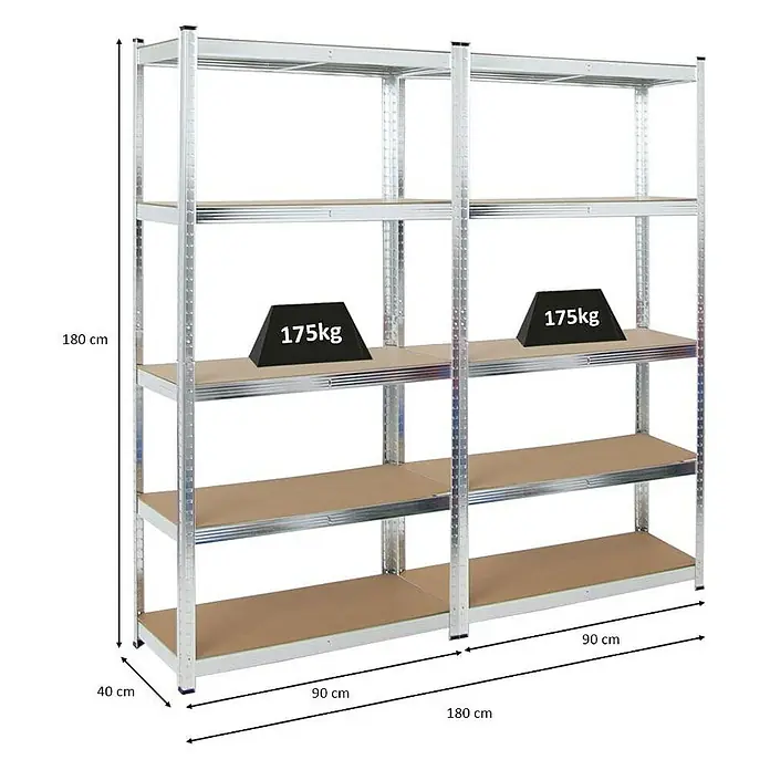 Proregal Schwerlastregal Mega Deal Ragnar - Traglast pro Boden: 175 kg, Anzahl Böden: 5 Stk., Stecken, Verzinkt - Abbildung eines Regalsystems aus Metall mit fünf Regalböden und Gewichtsangaben.