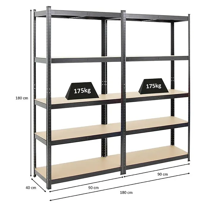 Proregal Schwerlastregal Mega Deal Ragnar - Traglast pro Boden: 175 kg, Anzahl Böden: 5 Stk., Stecken, Schwarz - Abbildung eines schwarzen Metallregals mit fünf Regalböden und den Maßen 180 x 180 x 40 cm.