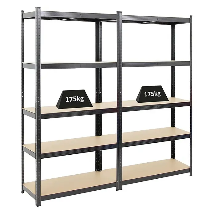 Proregal Schwerlastregal Mega Deal Ragnar - Traglast pro Boden: 175 kg, Anzahl Böden: 5 Stk., Stecken, Schwarz - Ein Regal mit mehreren Regalböden, das schwere Lasten von bis zu 175 kg pro Boden tragen kann.