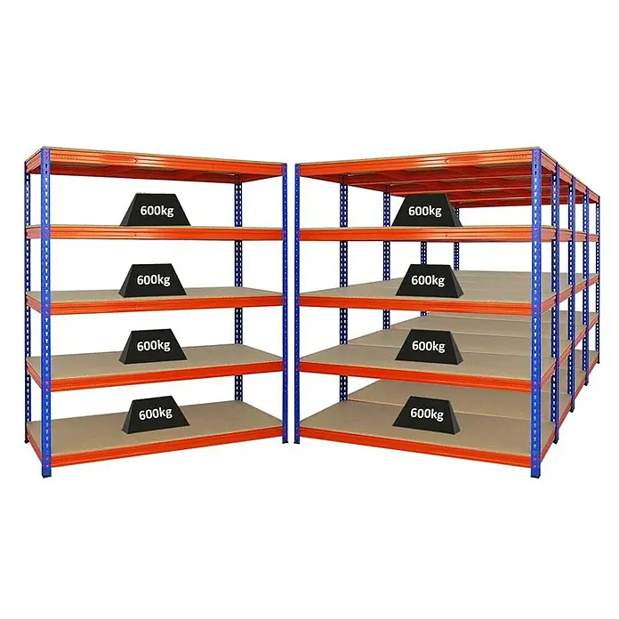 Proregal Schwerlastregal Mega Deal BISON - H x B x T: 200 x 180 x 60 cm, Traglast pro Boden: 600 kg, Anzahl Böden: 5 Stk., Stecken, Blau-Orange - Bild zeigt ein Schwerlastregal mit vier Ebenen, belastet mit Gewichten von 600 kg pro Ebene. Das Regal hat blaue Eckprofile und orangefarbene Traversen.