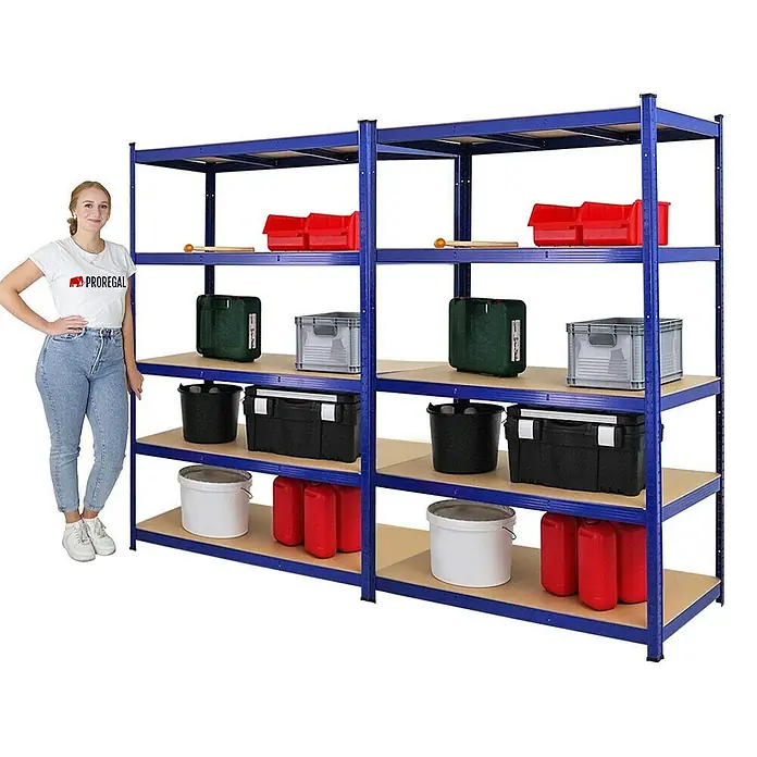 Proregal Schwerlastregal Mega Deal TAURUS - H x B x T: 180 x 120 x 60 cm, Traglast pro Boden: 175 kg, Anzahl Böden: 5 Stk., Stecken, Blau - Ein geräumiges Regal mit fünf Ebenen zur Lagerung verschiedener Gegenstände, ideal für Garage oder Keller.