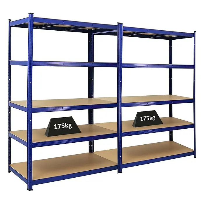 Proregal Schwerlastregal Mega Deal TAURUS - H x B x T: 180 x 120 x 60 cm, Traglast pro Boden: 175 kg, Anzahl Böden: 5 Stk., Stecken, Blau - Ein blaues, freistehendes Lagerregal mit fünf Regalböden, von denen zwei mit schwarzen Gewichten von 175 kg belastet sind.