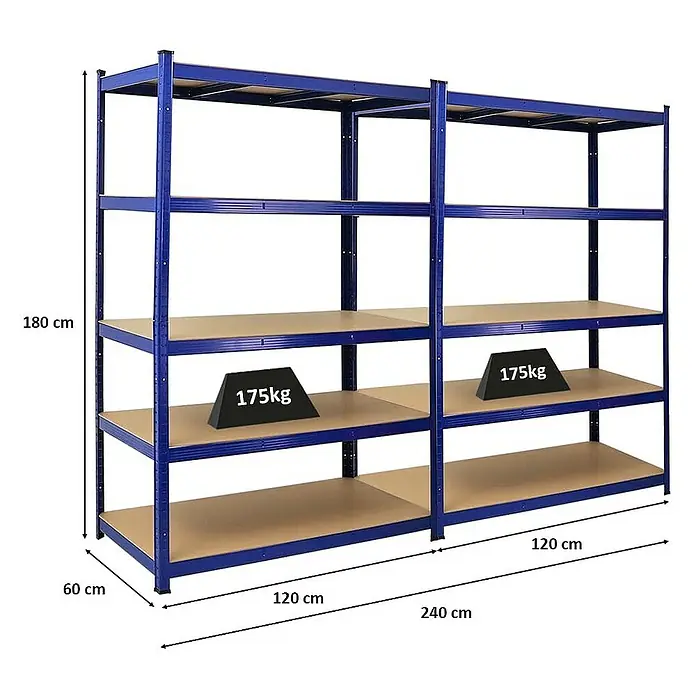 Proregal Schwerlastregal Mega Deal TAURUS - H x B x T: 180 x 120 x 60 cm, Traglast pro Boden: 175 kg, Anzahl Böden: 5 Stk., Stecken, Blau - Regal mit fünf Ebenen und den Maßen 180x60x240 cm, belastbar mit 175kg, perfekt für Lagerung und Organisation.