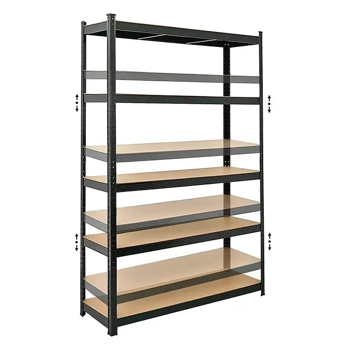 Proregal Schwerlastregal Mega Deal Ragnar - Traglast pro Boden: 175 kg, Anzahl Böden: 5 Stk., Stecken, Schwarz - Ansicht eines Metallregals mit verstellbaren Holzregalböden. Das Regal ist ideal für Lagerung und Organisation in Garage oder Keller.