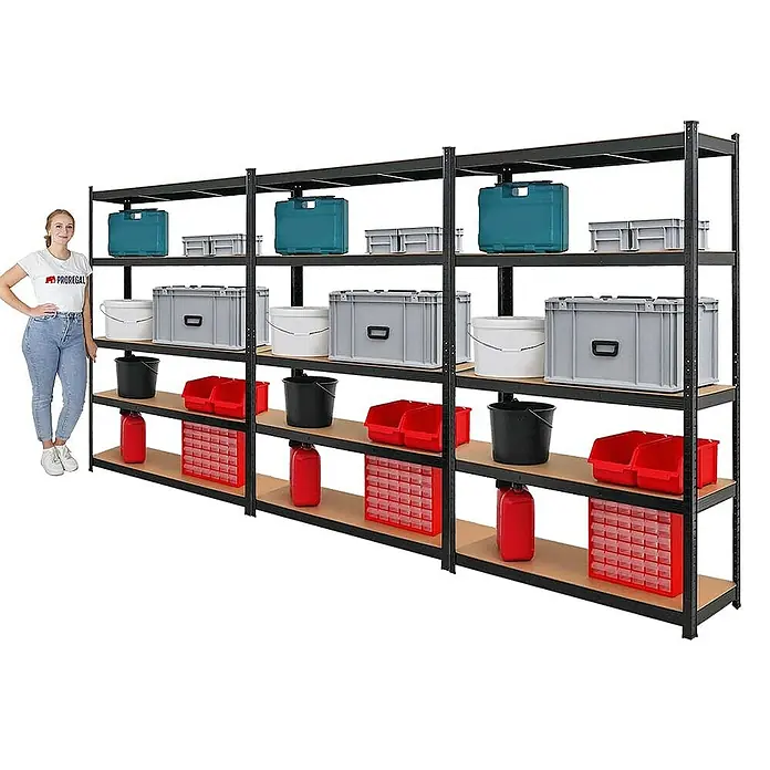 Proregal Schwerlastregal Mega Deal Ragnar - Traglast pro Boden: 175 kg, Anzahl Böden: 5 Stk., Stecken, Schwarz - Metallregal mit vier Ebenen, gefüllt mit Aufbewahrungsboxen und Eimern, ideal für Garage oder Lager.