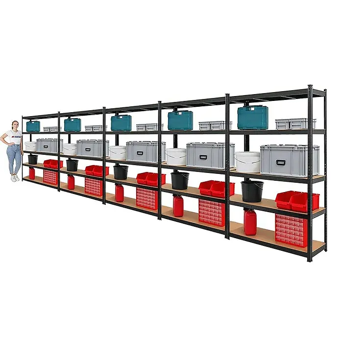 Proregal Schwerlastregal Mega Deal Ragnar - H x B x T: 180 x 120 x 40 cm, Traglast pro Boden: 175 kg, Anzahl Böden: 5 Stk., Stecken, Schwarz - Lagerregal mit mehreren Ebenen und verschiedenen Behältern zur Aufbewahrung von Gegenständen.