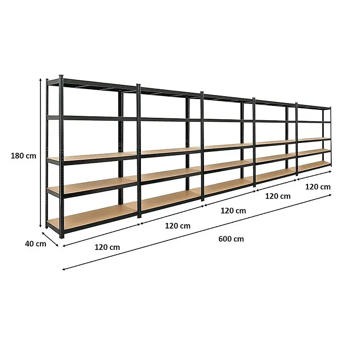 Proregal Schwerlastregal Mega Deal Ragnar - H x B x T: 180 x 120 x 40 cm, Traglast pro Boden: 175 kg, Anzahl Böden: 5 Stk., Stecken, Schwarz - Abbildung eines langen, schwarzen Metallregalsystems mit Holzregalböden und Maßangaben zu Höhe, Breite und Tiefe.