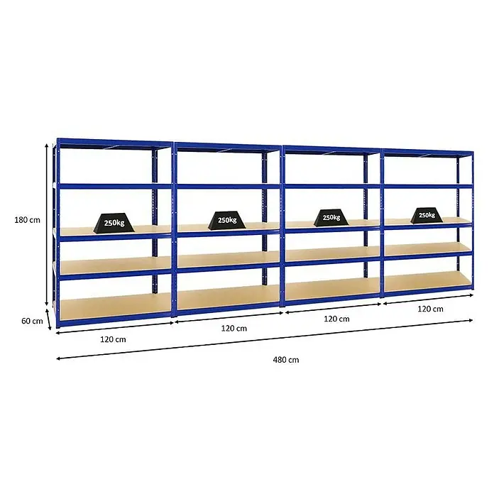 Proregal Schwerlastregal Mega Deal Big Elephant M - H x B x T: 180 x 120 x 60 cm, Traglast pro Boden: 250 kg, Anzahl Böden: 5 Stk., Stecken, Blau - Abbildung eines blauen Schwerlastregals mit vier Ebenen und einer Tragfähigkeit von 250 kg pro Ebene.