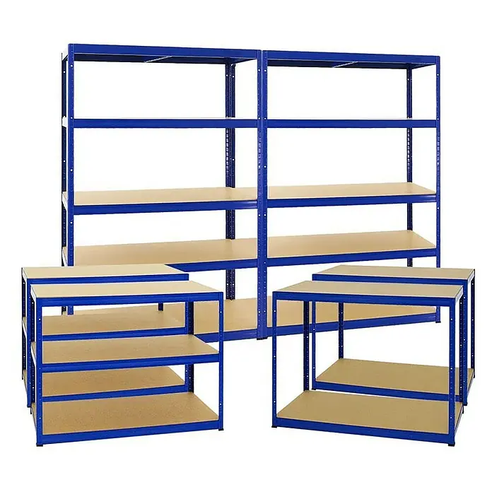 Proregal Schwerlastregal Mega Deal Big Elephant M - H x B x T: 180 x 120 x 60 cm, Traglast pro Boden: 250 kg, Anzahl Böden: 5 Stk., Stecken, Blau - Abbildung von blauen Metallregalen mit hellbraunen Regalböden. Die Regale sind in verschiedenen Größen und Konfigurationen erhältlich.