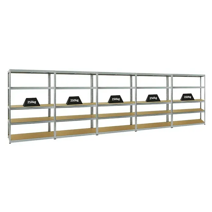 Proregal Schwerlastregal Mega Deal Big Elephant S - H x B x T: 180 x 120 x 45 cm, Traglast pro Boden: 250 kg, Anzahl Böden: 5 Stk., Stecken, Verzinkt - Ein Regalsystem mit fünf Regalen, die jeweils mit Gewichten von 250 kg belastet sind, die die Tragfähigkeit des Metallregals demonstrieren.