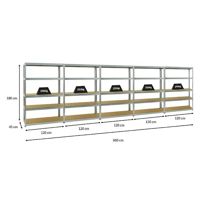 Proregal Schwerlastregal Mega Deal Big Elephant S - H x B x T: 180 x 120 x 45 cm, Traglast pro Boden: 250 kg, Anzahl Böden: 5 Stk., Stecken, Verzinkt - Abbildung eines Metallregalsystems mit fünf Regaleinheiten, wobei jedes Regal mit einer Gewichtsplatte von 250 kg belastet ist.