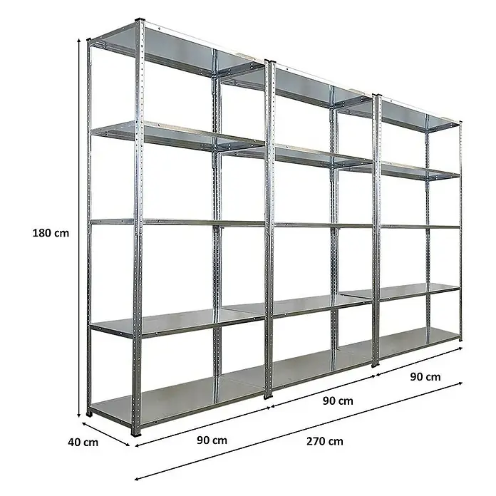 Mega Deal | 3x Schraubregal Haldor | HxBxT 180x90x40cm | Fachlast 100 kg | Verzinkt -  - Abbildung eines stabilen Metallregals mit fünf Ebenen, ideal für Lagerung, mit Abmessungen für Höhe, Breite und Tiefe.