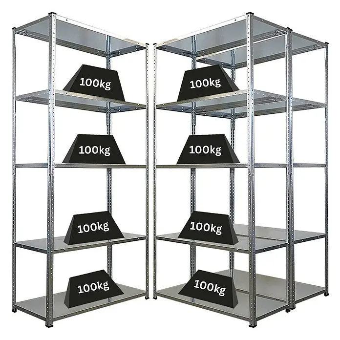 Mega Deal | 3x Schraubregal Haldor | HxBxT 180x90x40cm | Fachlast 100 kg | Verzinkt -  - Regal mit vier Ebenen und je 100 kg Gewicht auf jeder Ebene, um die Tragfähigkeit zu demonstrieren.
