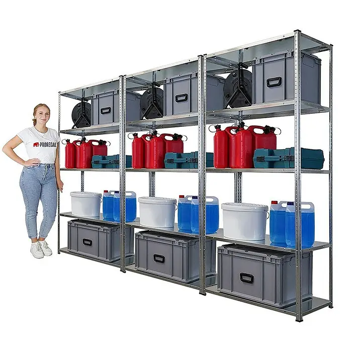 Mega Deal | 3x Schraubregal Haldor | HxBxT 180x90x40cm | Fachlast 100 kg | Verzinkt -  - Lagerregalsystem mit robusten Regalböden, ideal für die Organisation von Werkzeugen und Behältern in Garage oder Lager.