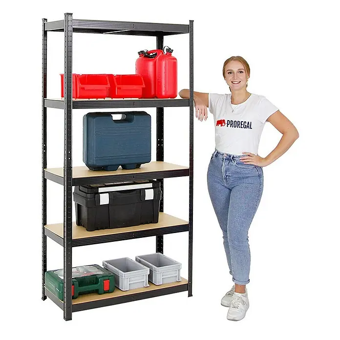 Proregal Schwerlastregal Mega Deal Ragnar - Traglast pro Boden: 175 kg, Anzahl Böden: 5 Stk., Stecken, Schwarz - Das Regal mit fünf Ablagen bietet viel Stauraum für Werkzeugkisten, Boxen und Kanister. Perfekt für Werkstatt und Garage.