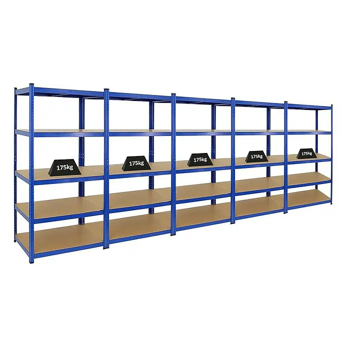 Proregal Schwerlastregal Mega Deal TAURUS 5 Stück - Traglast pro Boden: 175 kg, Anzahl Böden: 5 Stk., Stecken, Blau - Das Bild zeigt ein blaues Schwerlastregal mit mehreren Regalböden, von denen einige mit Gewichten von 175 kg belastet sind, zur Lagerung.