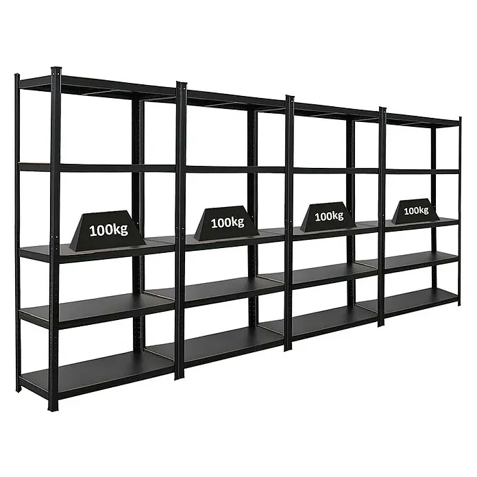 Proregal Metallregal Mega Deal All Black Series Ragnar - Traglast pro Boden: 100 kg, Anzahl Böden: 5 Stk., Stecken, Schwarz - Schwarzes Metallregal mit mehreren Ebenen und Gewichten darauf, ideal für Lagerung und Organisation in Garage oder Lagerraum.