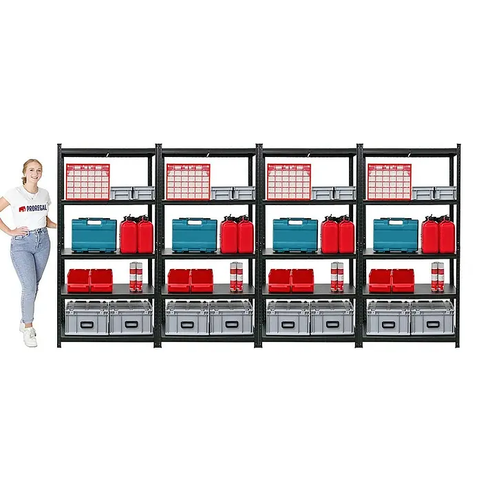 Proregal Metallregal Mega Deal All Black Series Ragnar - Traglast pro Boden: 100 kg, Anzahl Böden: 5 Stk., Stecken, Schwarz - Schwarzes Regal mit mehreren Regalen, gefüllt mit verschiedenen Gegenständen wie Behältern und Werkzeugen.