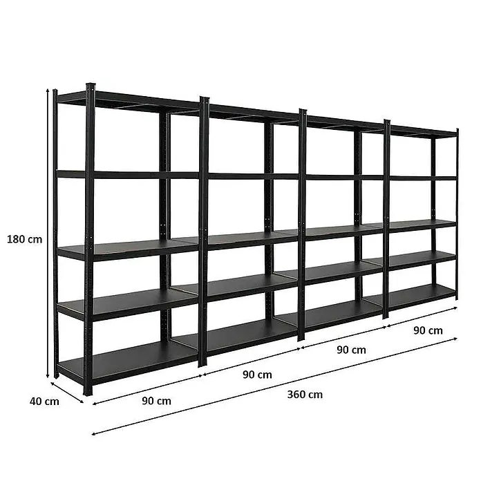 Proregal Metallregal Mega Deal All Black Series Ragnar - Traglast pro Boden: 100 kg, Anzahl Böden: 5 Stk., Stecken, Schwarz - Abbildung eines schwarzen Metallregals mit fünf Ebenen und Maßangaben. Ideal für Lagerung mit den Maßen 180 x 360 x 40 cm.