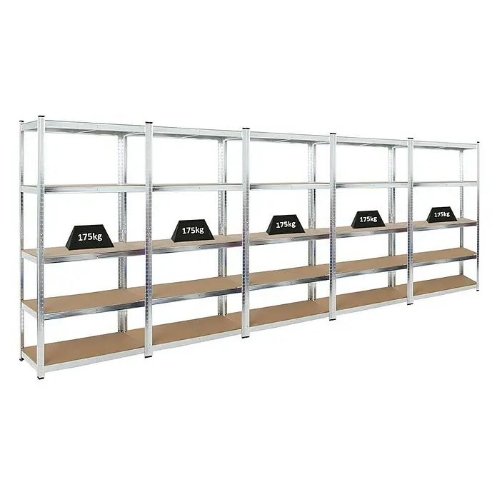 Proregal Schwerlastregal Mega Deal Ragnar - Traglast pro Boden: 175 kg, Anzahl Böden: 5 Stk., Stecken, Verzinkt - Ein robustes Metallregal mit mehreren Ebenen, wobei einige mit Gewichten von 175 kg belastet sind. Ideal für Lagerung und Organisation.