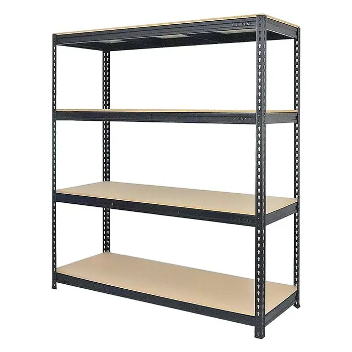 Proregal Schwerlastregal Mega Deal BISON - Traglast pro Boden: 600 kg, Anzahl Böden: 4 Stk., Stecken, Schwarz - Metallregal mit vier Ebenen und Holzplatten für eine robuste und vielseitige Lagerlösung.