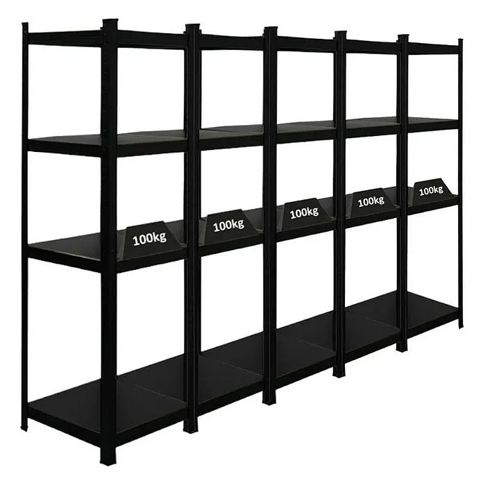 Proregal Metallregal Mega Deal All Black Series Ragnar - Traglast pro Boden: 100 kg, Anzahl Böden: 5 Stk., Stecken, Schwarz - Schwarzes Regal mit 100 kg Tragkraft pro Fach für Lagerung und Organisation.\n