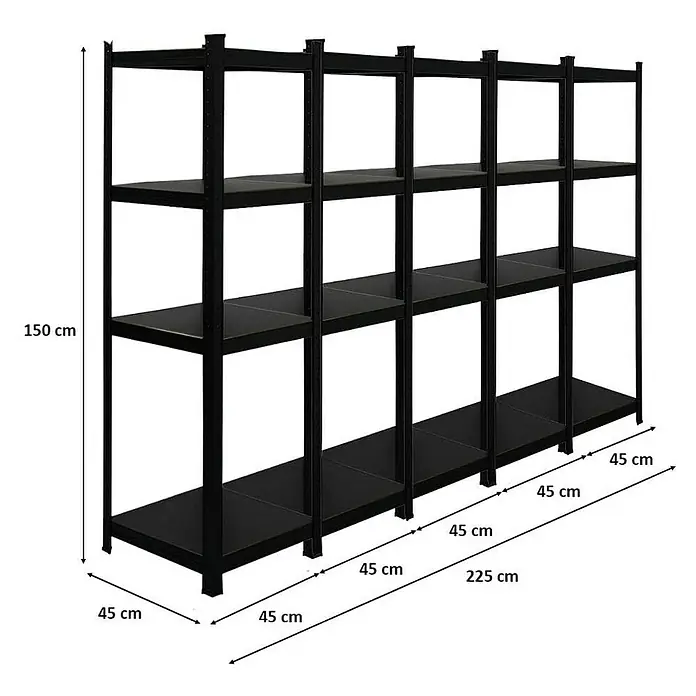 Proregal Metallregal Mega Deal All Black Series Ragnar - Traglast pro Boden: 100 kg, Anzahl Böden: 5 Stk., Stecken, Schwarz - Abbildung eines schwarzen Metallregals mit vier Ebenen und den zugehörigen Maßangaben.