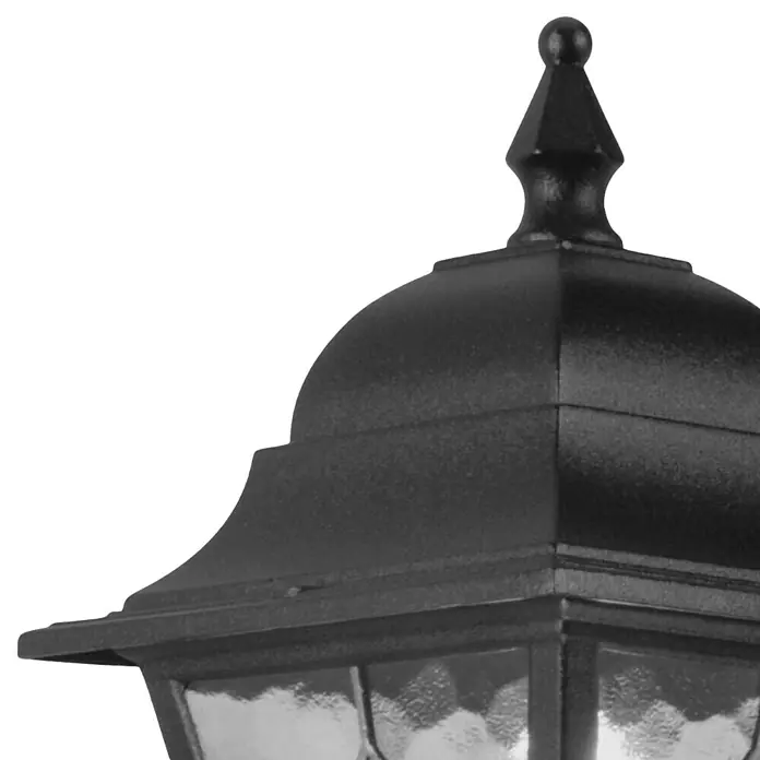 Elstead Außenwandleuchte Norfolk - 60 W, 26 x 45 x 45 cm, Schwarz, IP44, Up - Nahaufnahme einer schwarzen Aussenleuchte mit klarem Glas und einem dekorativen Aufsatz.