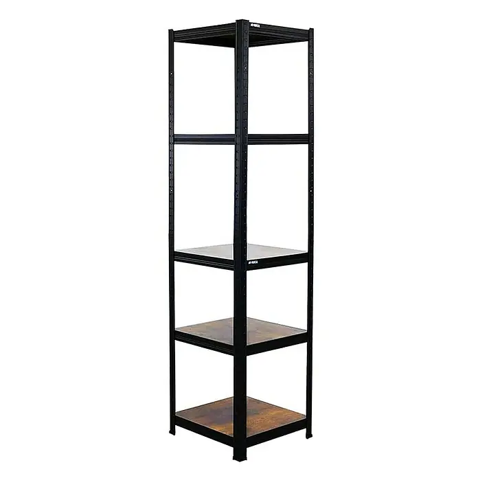 Proregal Metallregal Mega Deal All Black Series Ragnar - Traglast pro Boden: 100 kg, Anzahl Böden: 5 Stk., Stecken, Schwarz - Regal mit vier Regalböden in Braun und Schwarz. Das Regal besteht aus einem stabilen Metallrahmen und bietet viel Stauraum.