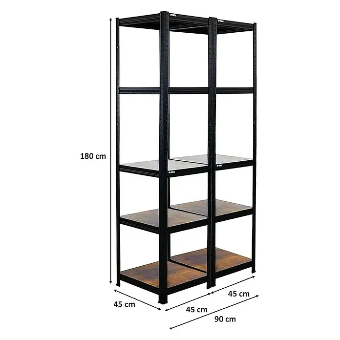 Proregal Metallregal Mega Deal All Black Series Ragnar - Traglast pro Boden: 100 kg, Anzahl Böden: 5 Stk., Stecken, Schwarz - Produktansicht eines Regals mit vier Ebenen und schwarzen Metallrahmen. Das Regal ist 180cm hoch und 90cm breit.\n