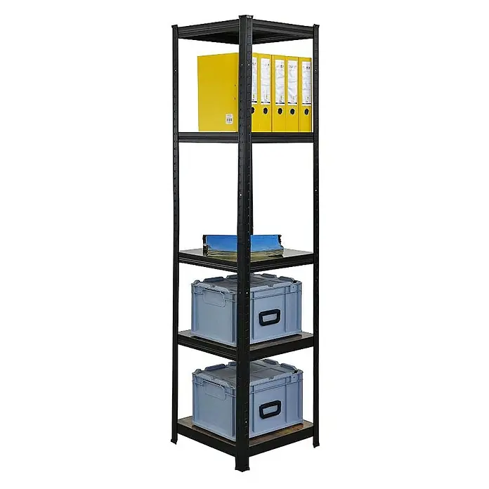 Proregal Metallregal Mega Deal All Black Series Ragnar - Traglast pro Boden: 100 kg, Anzahl Böden: 5 Stk., Stecken, Schwarz - Ein Regal mit gelben Ordnern, Büchern und zwei grauen Aufbewahrungsboxen, ideal für Büro oder Lager. Robust und vielseitig.