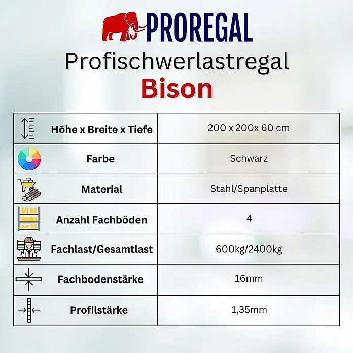 Proregal Schwerlastregal BISON - Traglast pro Boden: 600 kg, Anzahl Böden: 4 Stk., Stecken, Schwarz - Produktdetails des Proregal Profischwerlastregals Bison, inklusive Maße, Farbe, Material, Anzahl der Fachböden, Traglast und Stärke.