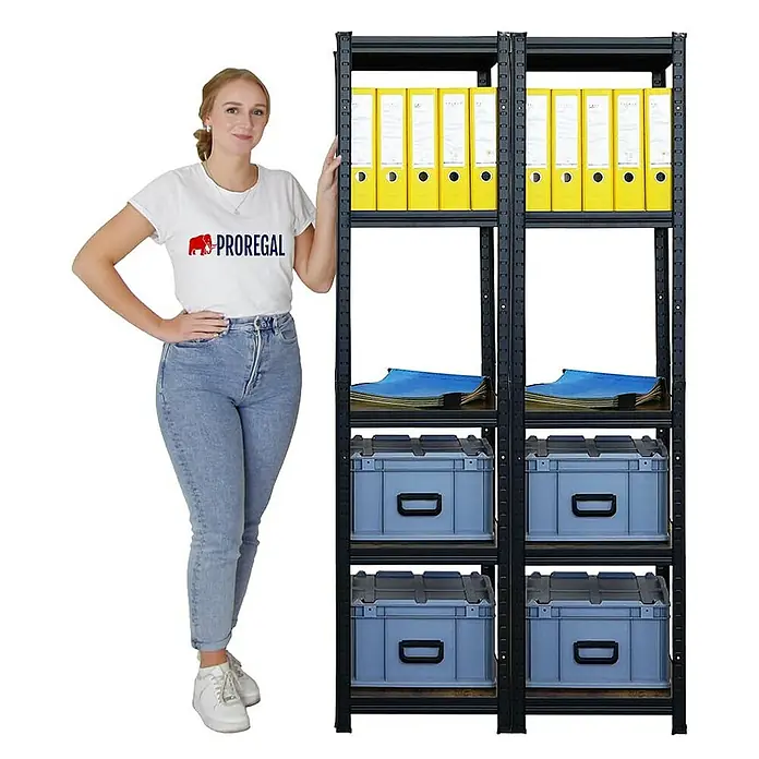Proregal Metallregal Mega Deal All Black Series Ragnar - Traglast pro Boden: 100 kg, Anzahl Böden: 5 Stk., Stecken, Schwarz - Stabiles Lagerregal mit viel Stauraum für Büro- und Lagerbedarf. Ideal für die Organisation von Dokumenten, Ordnern und Lagerbehältern.