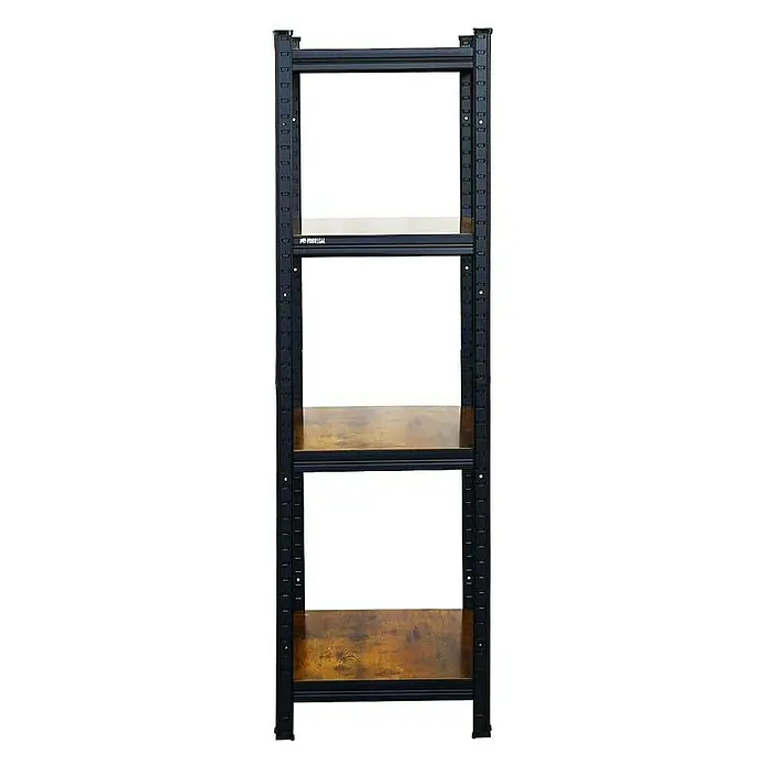 Proregal Metallregal Mega Deal All Black Series Ragnar - Traglast pro Boden: 100 kg, Anzahl Böden: 4 Stk., Stecken, Schwarz - Ein Regal mit vier Ebenen, bestehend aus einem schwarzen Rahmen und Holzböden, ideal für Lagerung und Organisation.