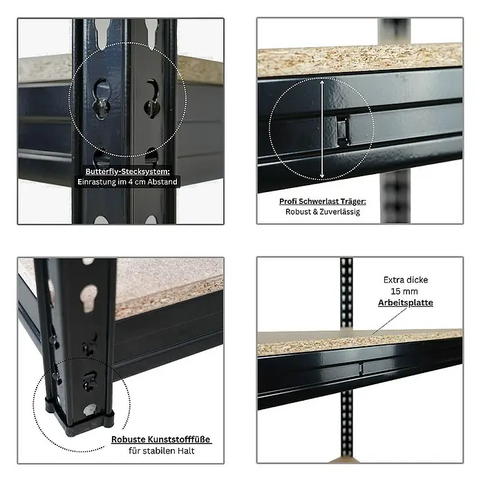Proregal Schwerlastregal BISON - Traglast pro Boden: 600 kg, Anzahl Böden: 4 Stk., Stecken, Schwarz - Detailaufnahme eines Schwerlastregals mit Butterfly-Stecksystem, robusten Trägern, 15 mm Arbeitsplatte und Kunststofffüßen.