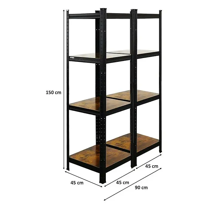 Proregal Metallregal Mega Deal All Black Series Ragnar - Traglast pro Boden: 100 kg, Anzahl Böden: 4 Stk., Stecken, Schwarz - Abbildung eines schwarzen Metallregals mit drei Holzböden und den Maßen 150 cm Höhe, 90 cm Breite und 45 cm Tiefe.