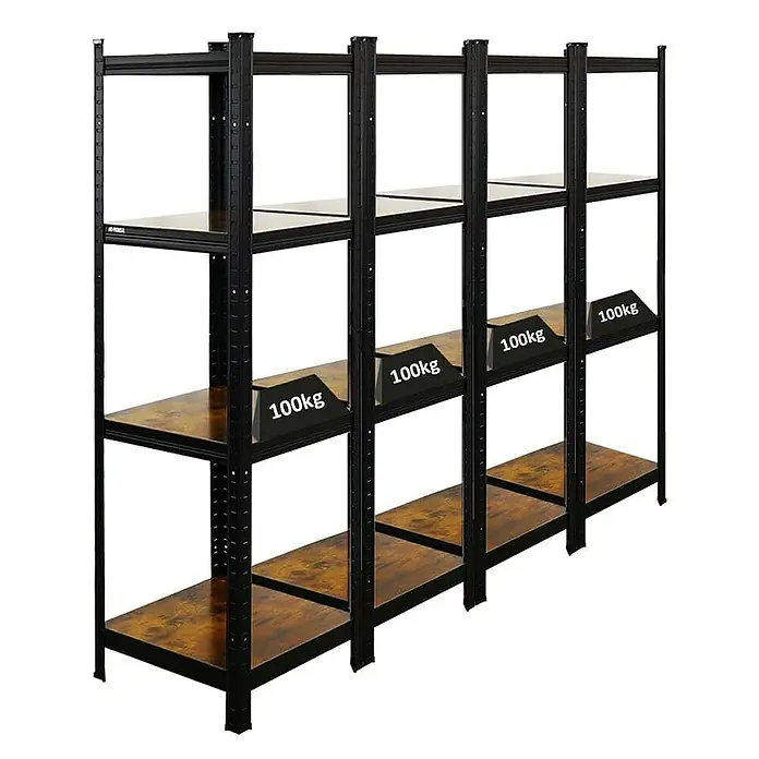 Proregal Metallregal Mega Deal All Black Series Ragnar - Traglast pro Boden: 100 kg, Anzahl Böden: 4 Stk., Stecken, Schwarz - Abgebildete ein Regal mit vier Regalböden und einer maximalen Traglast von 100 kg pro Boden. Es bietet viel Stauraum und ist robust.