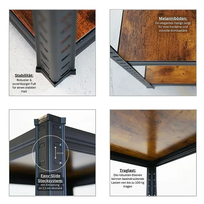 Proregal Metallregal Mega Deal All Black Series Ragnar - Traglast pro Boden: 100 kg, Anzahl Böden: 4 Stk., Stecken, Schwarz - Detailaufnahme eines Regals mit Melaminböden, stabilem Fuß, Easy-Slide Stecksystem und hoher Traglast für beeindruckende Lasten.