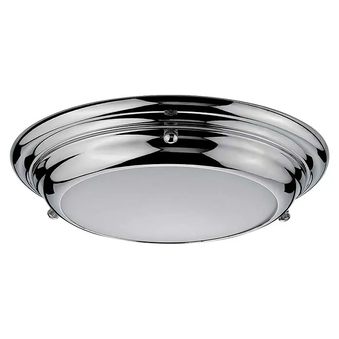 Elstead LED-Deckenleuchte Welland - 12 W, L x B x H: 24,5 x 24,5 x 4,8 cm, Chrom, Warmweiß - Nahaufnahme einer runden, verchromten Deckenleuchte mit einem weißen, diffusen Lampenschirm und sichtbaren Befestigungselementen.