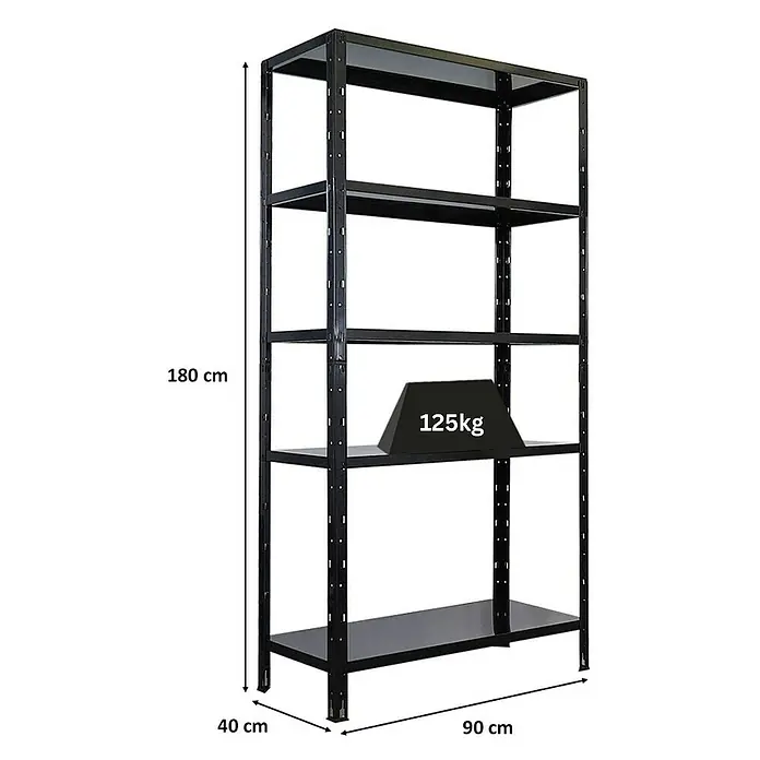 Proregal Metallregal Ares - H x B x T: 180 x 90 x 40 cm, Traglast pro Boden: 125 kg, Anzahl Böden: 5 Stk., Stecken, Schwarz - Schwarzes Metallregal mit fünf Ablagen, mit Abmessungen und einer Gewichtsanzeige von 125 kg.