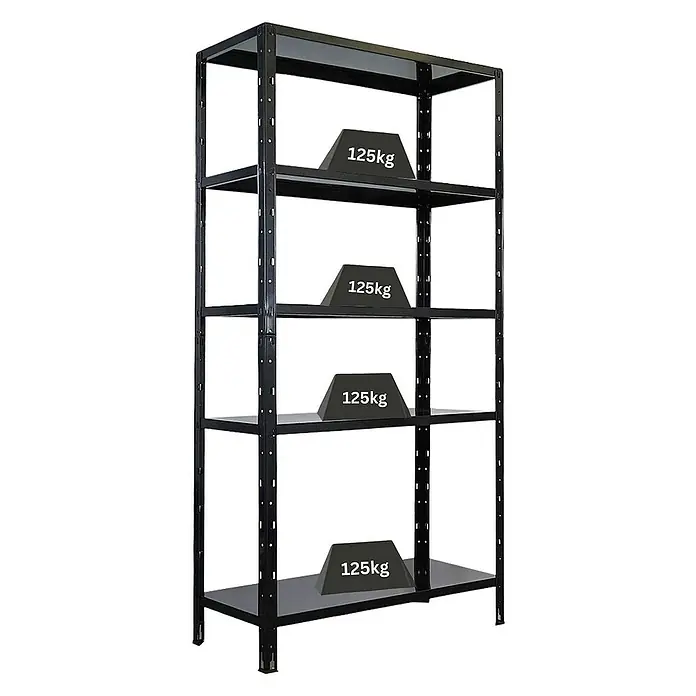 Proregal Metallregal Ares - H x B x T: 180 x 90 x 40 cm, Traglast pro Boden: 125 kg, Anzahl Böden: 5 Stk., Stecken, Schwarz - Ein stabiles, schwarzes Schwerlastregal mit vier Ebenen, jede belastbar mit 125 kg, ideal für Lager und Werkstatt.