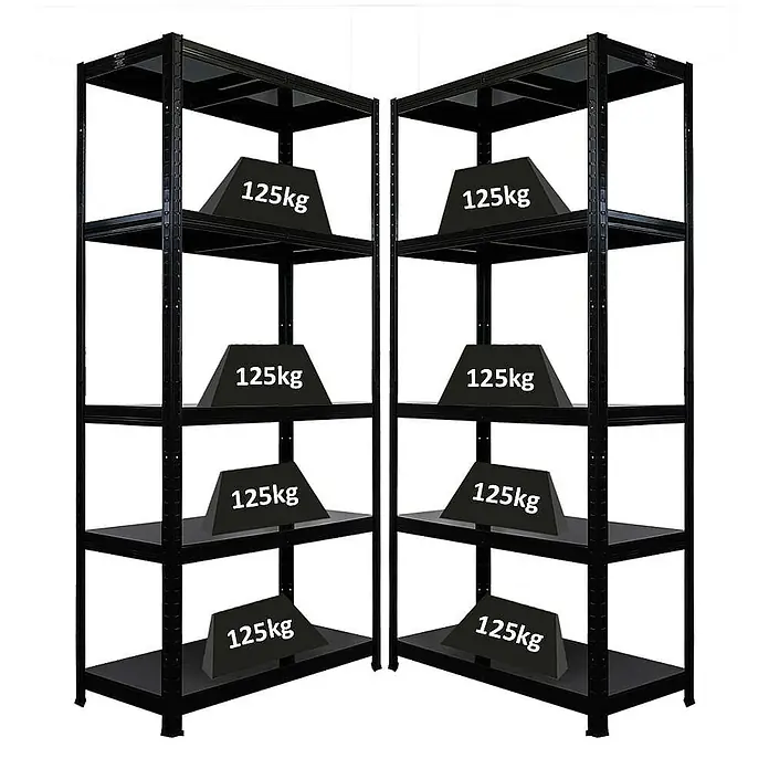 Proregal Metallregal Mega Deal Ragnar - Traglast pro Boden: 125 kg, Anzahl Böden: 5 Stk., Stecken, Schwarz - Das Bild zeigt zwei schwarze Metallregale, die jeweils mit Gewichten von 125 kg belastet sind. Die Regale haben mehrere Ebenen.