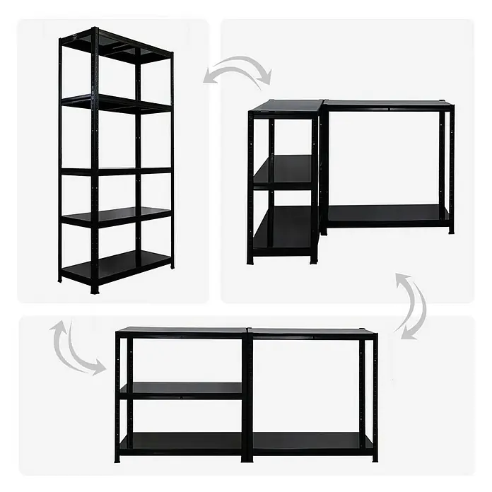 Proregal Metallregal Mega Deal Ragnar - Traglast pro Boden: 125 kg, Anzahl Böden: 5 Stk., Stecken, Schwarz - Bild zeigt ein modulares, schwarzes Metallregal, das in verschiedenen Konfigurationen aufgebaut werden kann, z.B. hoch oder flach.