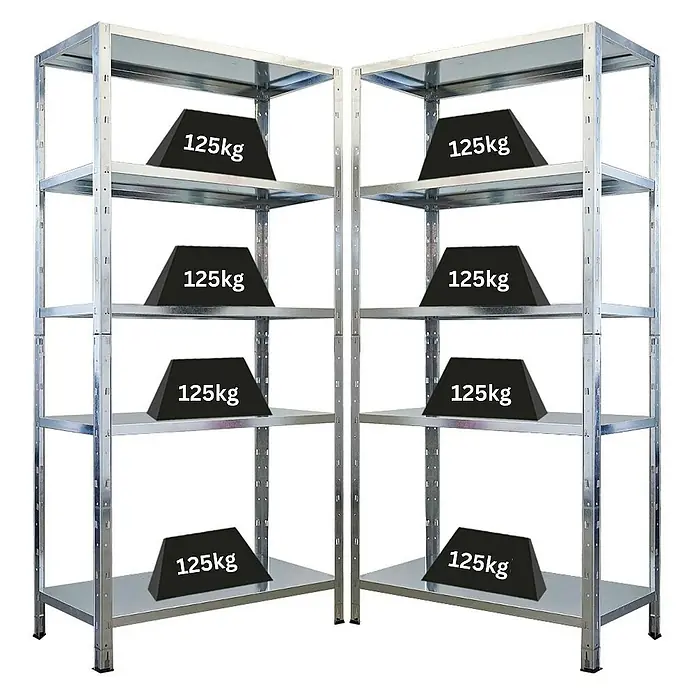 Mega Deal | 2x Schwerlastregal Ares | HxBxT 180x90x40cm | Fachlast 125 kg | Verzinkt -  - Metallregal mit mehreren Regalböden, auf denen Gewichte von 125 kg platziert sind. Ideal für schwere Lasten in Lager und Werkstatt.