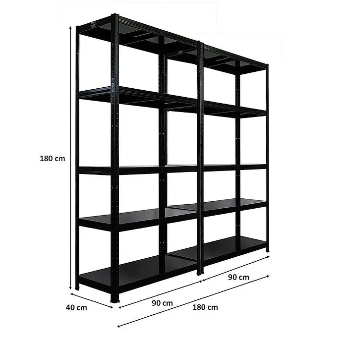 Proregal Metallregal Mega Deal Ragnar - Traglast pro Boden: 125 kg, Anzahl Böden: 5 Stk., Stecken, Schwarz - Produktabbildung eines schwarzen Schwerlastregals mit fünf Böden und den Maßen 180 x 180 x 40 cm.