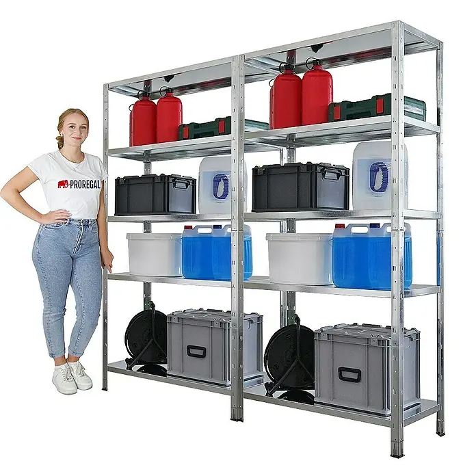 Mega Deal | 2x Schwerlastregal Ares | HxBxT 180x90x40cm | Fachlast 125 kg | Verzinkt -  - Silbernes Metallregal mit fünf Ebenen zur Aufbewahrung verschiedener Gegenstände, neben einer Frau.