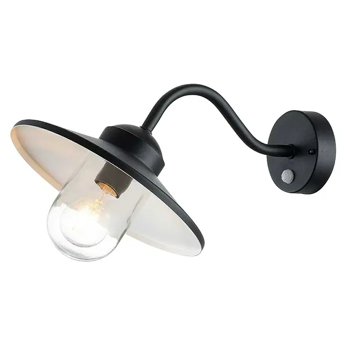 Elstead Außenwandleuchte Klampenborg - 60 W, 31,8 x 31,8 x 31,8 cm, Schwarz, IP44 - Schwarze Wandleuchte mit geschwungenem Arm, Schirm und Bewegungsmelder für den Außenbereich, stilvoll und praktisch.
