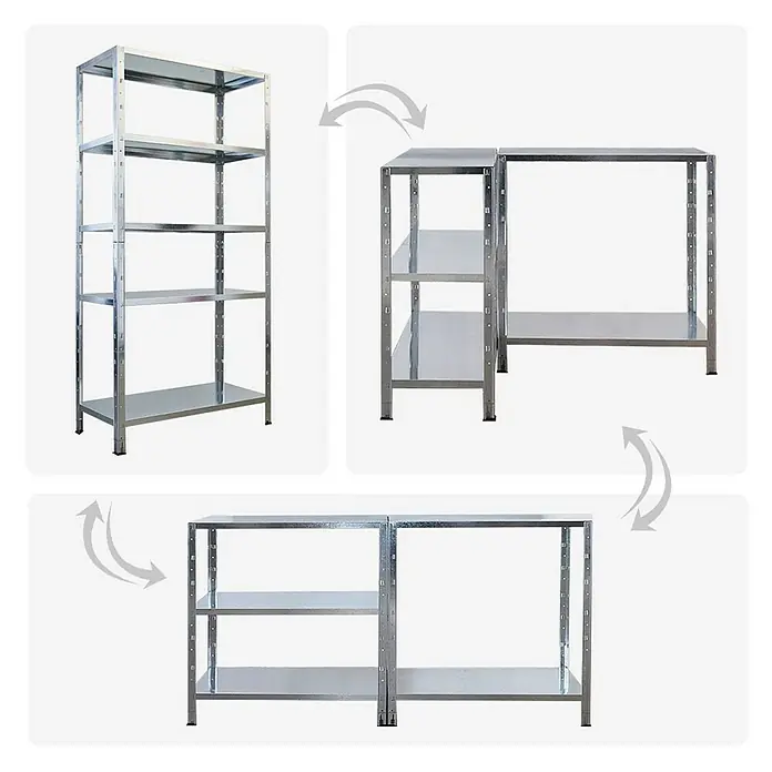 Mega Deal | 2x Schwerlastregal Ares | HxBxT 180x90x40cm | Fachlast 125 kg | Verzinkt -  - Das Bild zeigt ein verstellbares Metallregal, das in verschiedenen Konfigurationen aufgebaut werden kann, von hoch bis niedrig.
